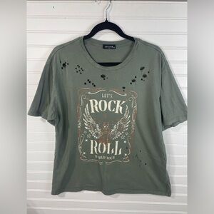 Zutter Army Green Distressed Lets Rock & Roll World Tour Graphic T-Shirt L EUC